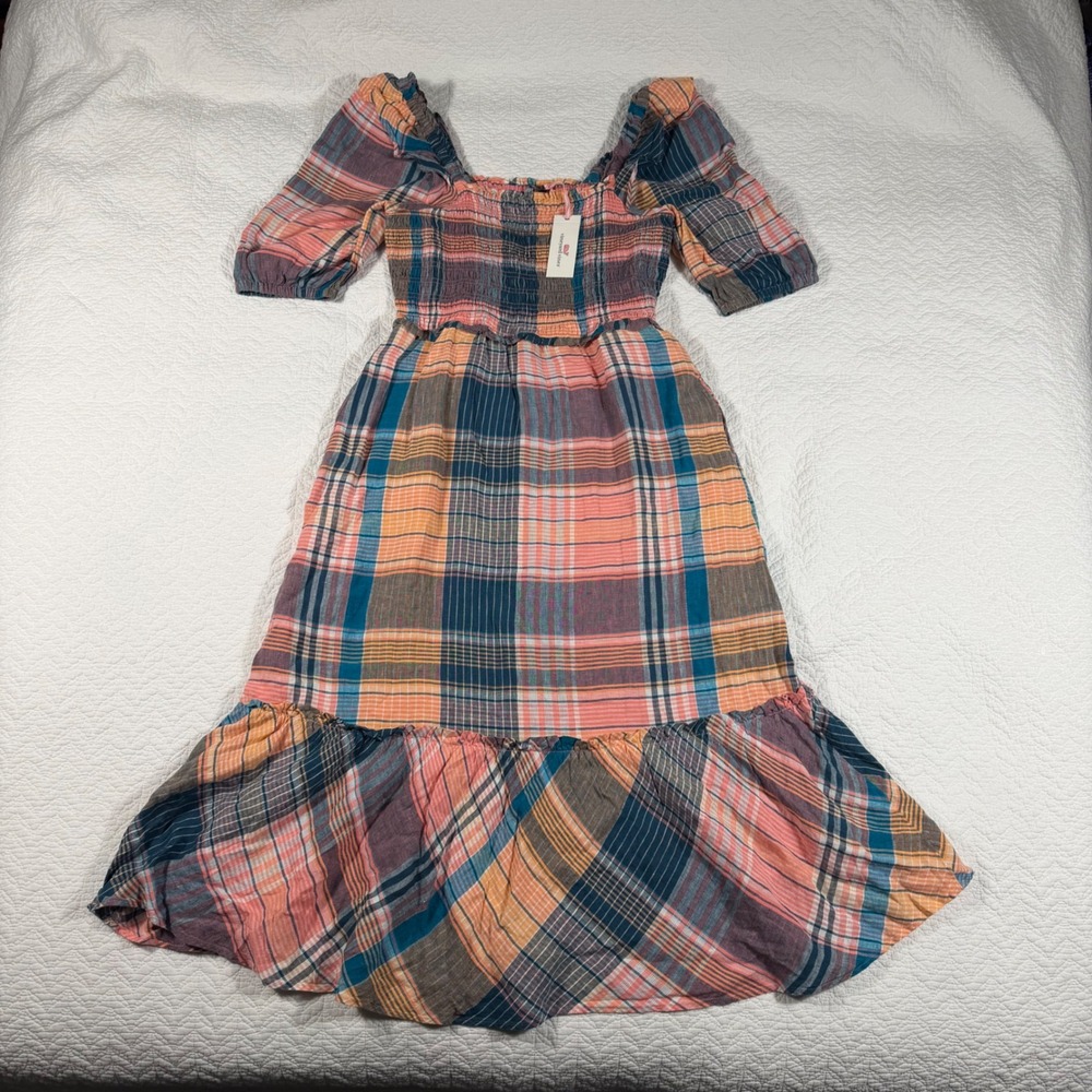 Vineyard Vines Womens Plaid Smocked Puff Sleeve Linen Midi Dress Mallard Blue M - Picture 2 of 12